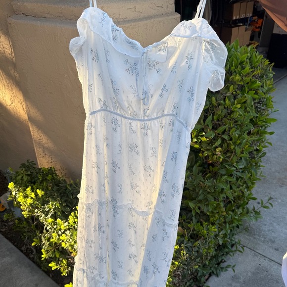 Womens L White Maxi Dress Floral Swiss Dot Tiered Ruffle Sleeve Cottage Prairie - Picture 6 of 11